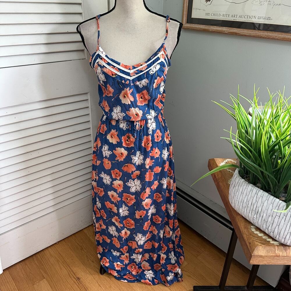 Tommy Girl Dress Womens Large Blue Floral Maxi Strappy Coastal Beach Summer Chic